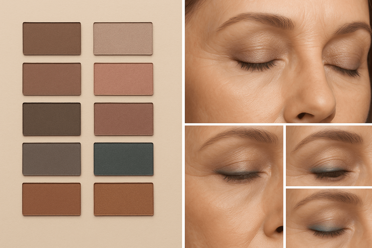 Палитра спокойных полутонов от таупа до бронзы и примеры деликатного перелива на веке.