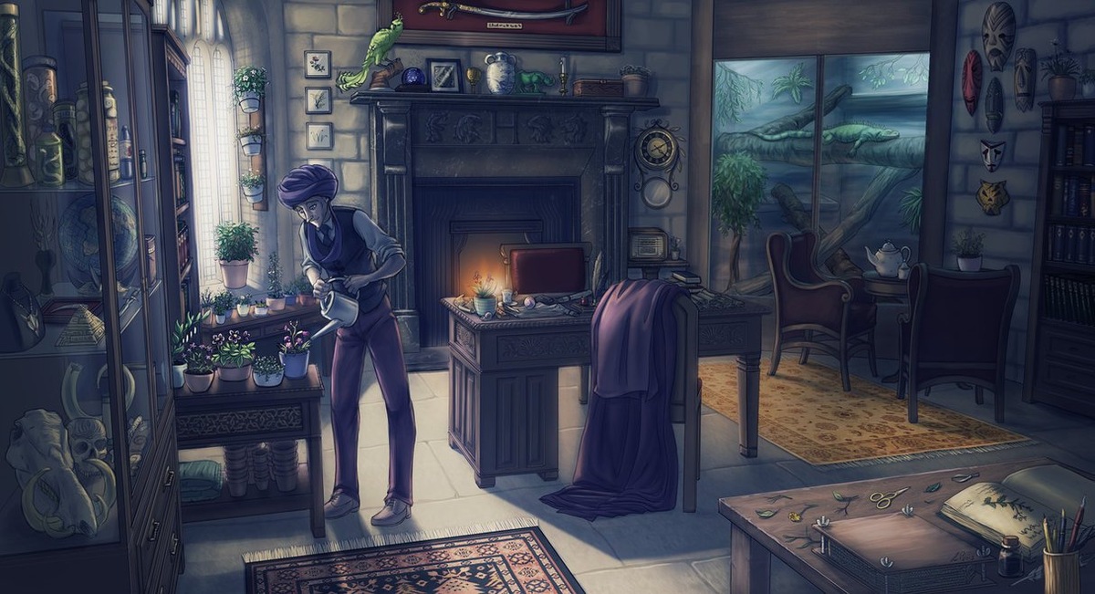 Кабинет Квиринуса Квиррелла. Этот чудесный арт вдохновлял автора как на описание кабинета, так и на новый образ профессора. Ведь глядя на столь уютную обстановку, невозможно поверить в то, что сотворившись ее человек может быть однозначно злым...
