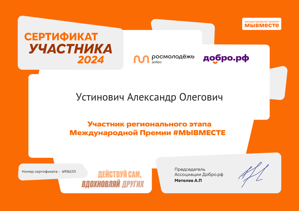 Устинович Александр Олегович. Сертификат участника регионального этапа Международной Премии #МЫВМЕСТЕ 2024 г.