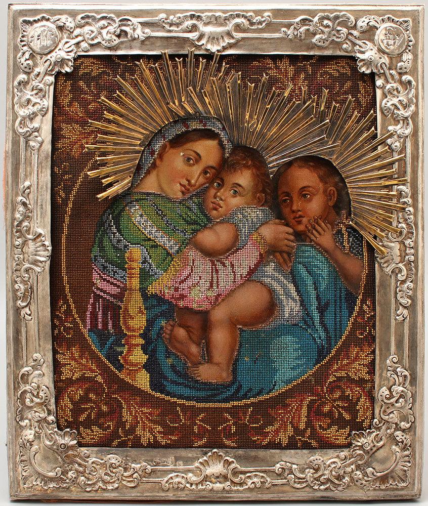 Икона Божией Матери «Трех радостей», холст, дублированный на дерево, масло, многоцветный нашивной бисер, бархат, оклад из серебра 84 пробы, чеканка, гравировка, канфарение, золочение, Россия, Москва, 1854 г. Фото с нашего сайта dvaveka.ru