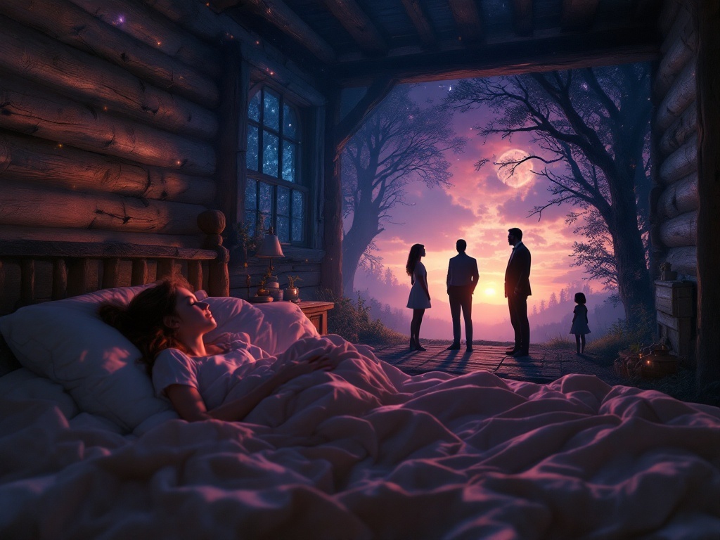    К чему такое снится: На картине изображён старый деревянный дом с брусчатым полом и видными бревнами. В центре стоит девушка, рядом с которой находится её отец. Отец представляет ей двух