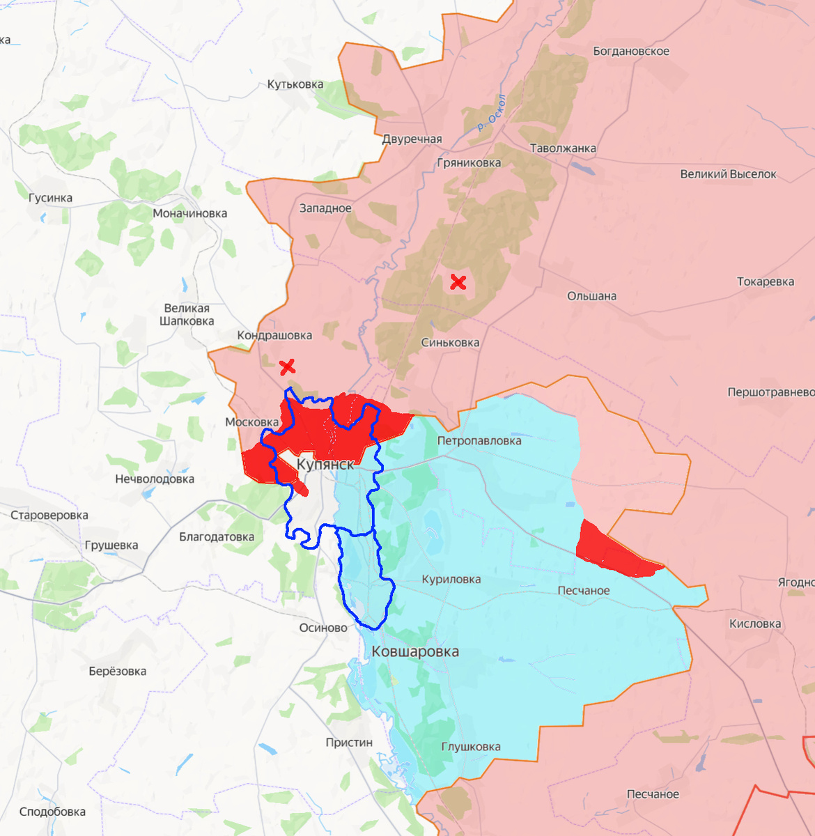 Красным - продвижение ВС РФ с начала сентября. Синим контуром без названия (южнее Купянска) - пгт Купянск-Узловой, сливающийся своей северной частью с городом. Красными крестиками - приблизительные места входа и выхода из "трубы". Голубой заливкой - плацдарм противника на восточном берегу Оскола.