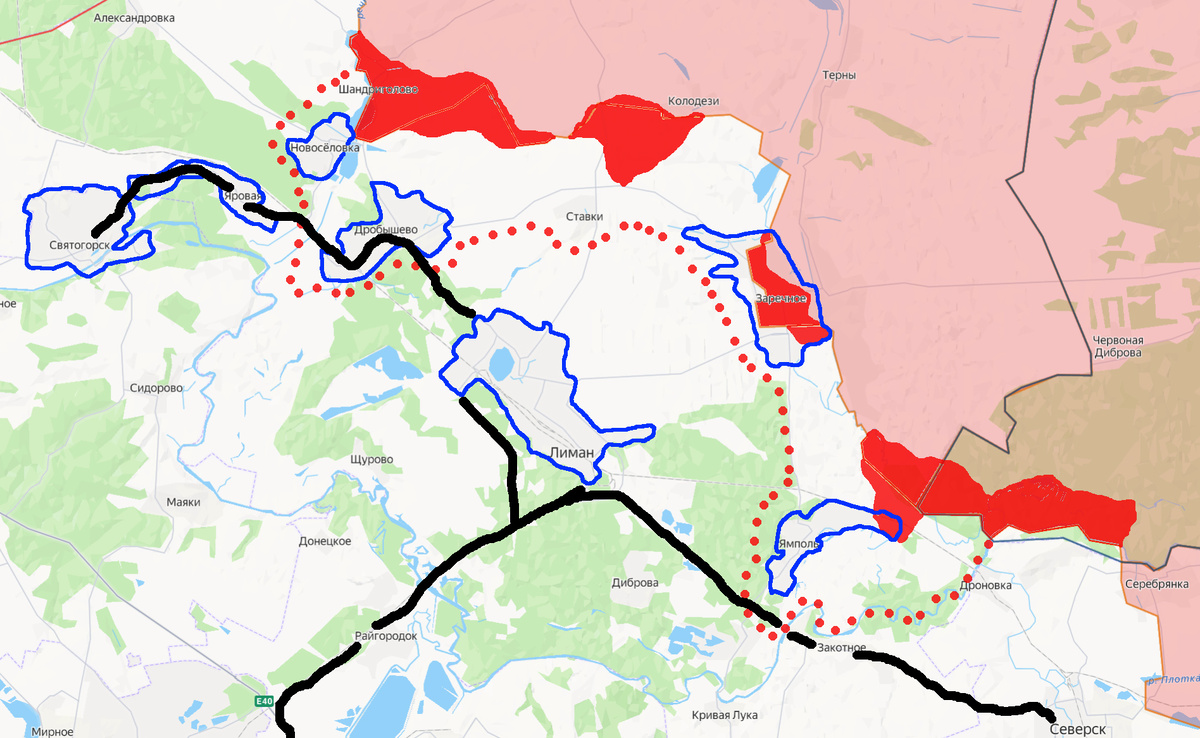 Красным - продвижение ВС РФ с начала сентября, чёрным - основные логистические пути противника на данном направлении, красным пунктиром - вероятная цель наступления в краткосрочной перспективе.