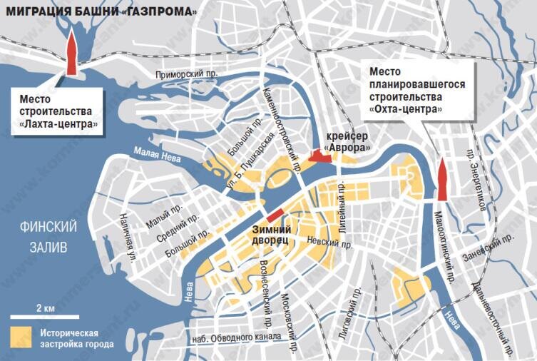 Расположение "Охта-центра" и "Лахта-центра" на карте