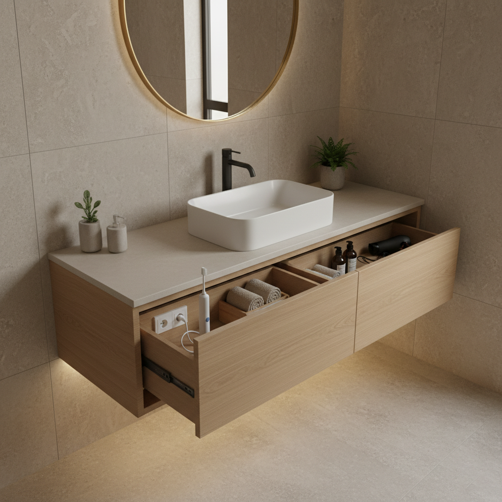 Встроенная розетка в выдвижном ящике подвесной тумбы - крайне удобное решение