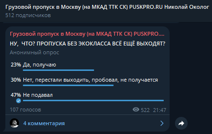 Пропуск в Москву на грузовой транспорт без эко-класса, Опрос на моем тг-канале 