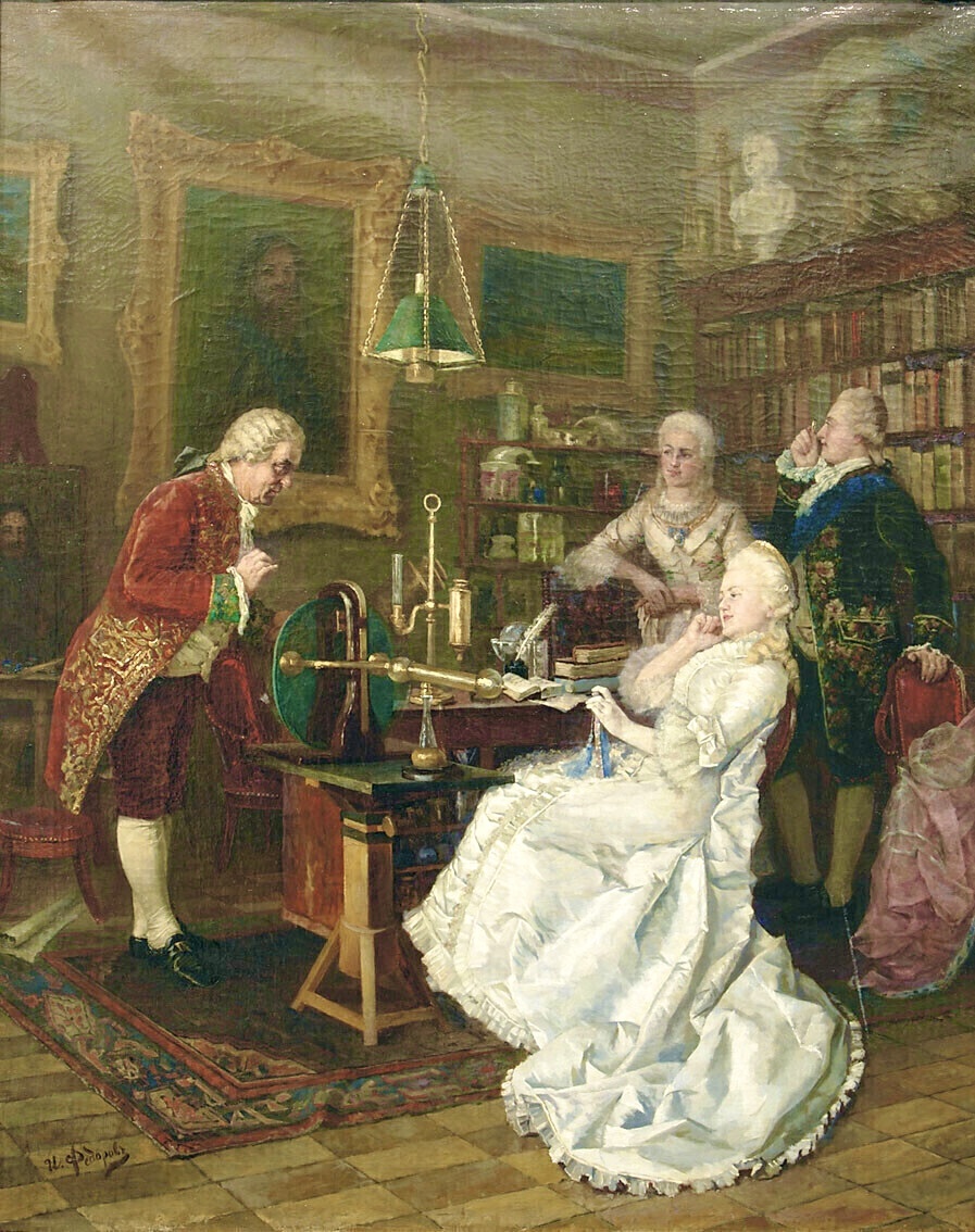 Художник И.Фёдоров «Посещение Екатериной II М. Ломоносова». Визит 7 июня 1764 года зафиксирован документалистами. Фото из открытых источников.