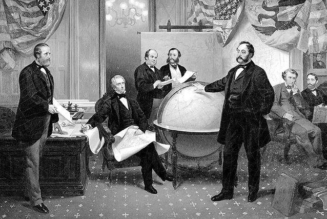 Подписание договора о продаже Аляски 30 марта 1867 года. Слева направо: Роберт Чу, Уильям Сьюард, Уильям Хантер, Владимир Бодиско, Эдуард фон Стёкль, Чарльз Самнер, Фредерик Сьюард
