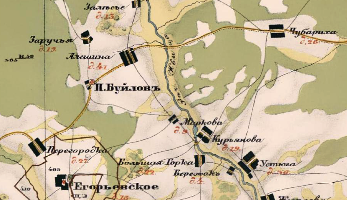 Погост Буйлов и село Егорьевское (Георгиевское, Иногостицы) на карте А.И. Менде. Издание 1853 года. 