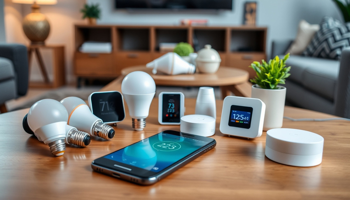    Смартфон на столе рядом с умными устройствами в уютной комнате