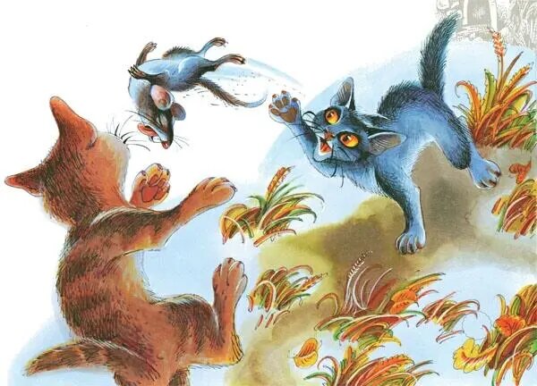 Светлячок и Сугробик играют с мышью. Изображение из книги