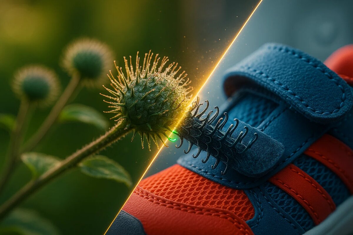 Микроскопические крючки репейника, вдохновившие на создание застёжки-липучки. То, что для растения — способ путешествовать, для нас стало технологией, сэкономившей миллиарды часов. Иногда величайшие открытия лежат прямо у нас под ногами. Или цепляются к штанам.