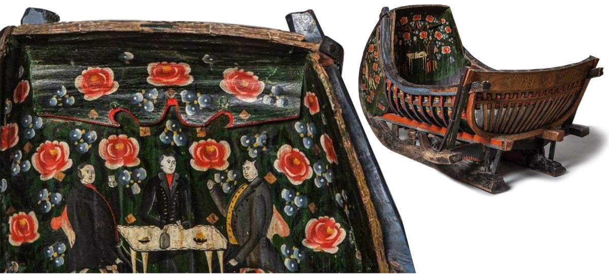 Роспись передка саней из собрания Государственного исторического музея, Выставка "Русская свадьба"  https://shm.ru/