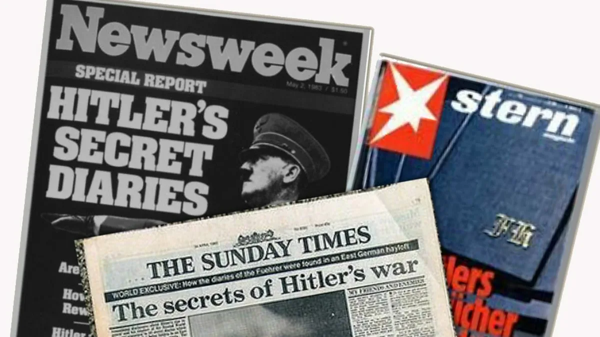 На фотографии — коллаж обложек западных изданий Newsweek, The Sunday Times и немецкого журнала Stern, которые в 1983 году сделали сенсацию из «находки века». Газеты и журналы выходили с громкими заголовками о «секретных записях фюрера», представляя их как историческое открытие. Источник: bbc.co.uk