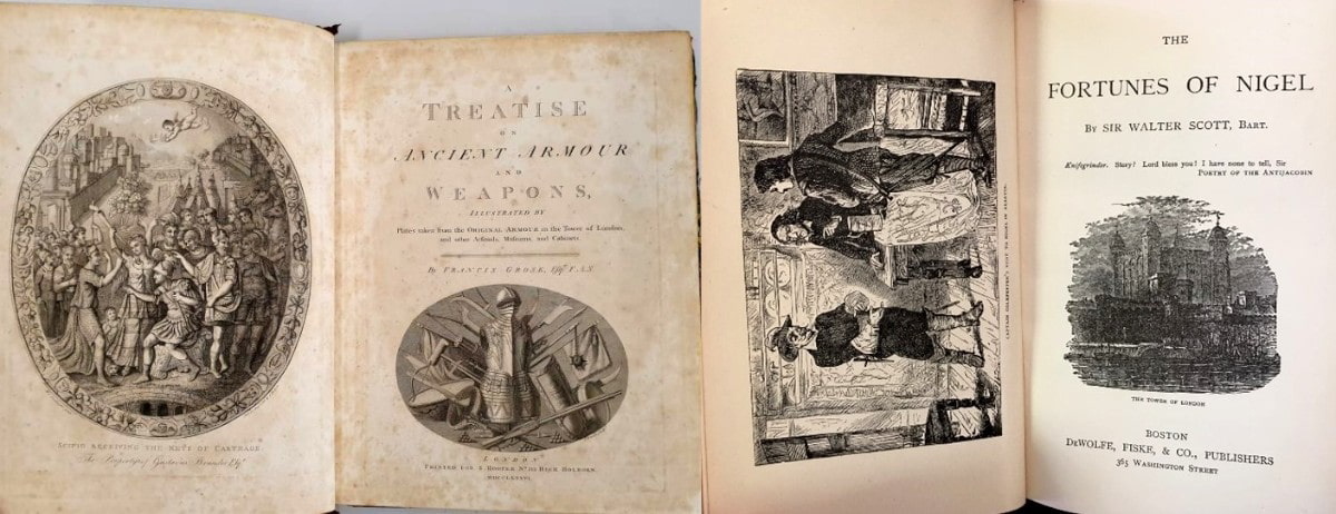 «Трактат о древних доспехах и оружии» Фрэнсиса Гроуза , 1786 г., через аукционный дом Перселла; «Сокровища Найджела» сэра Вальтера Скотта , 1880 г., через Book Marx