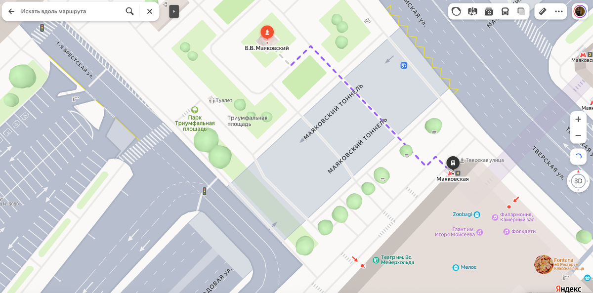 Маршрут примерный, чтобы вы понимали, о чем речь. Если вы находитесь далеко от Москвы, то можете путешествовать с нами с помощью панорамы в Яндекс Картах