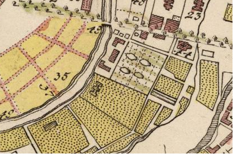 Выкопировка из Плана Императорского столичного города Санкт-Петербурга, сочиненный в 1737 г. Автор - Унферцахт Г.И. Гравюра на меди. Издан в 1741 г. в составе альбома: «Палаты Санкт-Петербургской Императорской Академии Наук, Библиотеки и Кунсткамеры» -СПб., Акад. Наук, 1741.