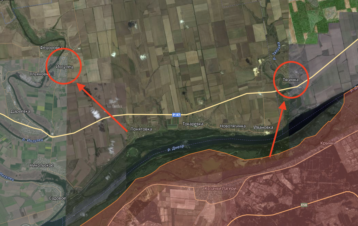 Тягинка и Ингулец по отношению к линии фронта