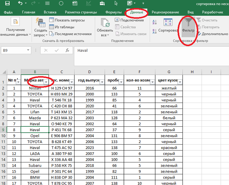 Включение яильтра в таблице.