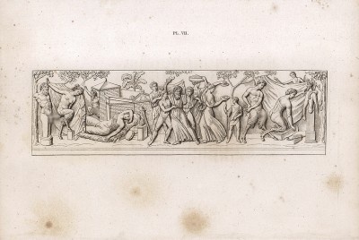 Вакханалия (мраморный барельеф). Этот известный языческий праздник, где приветствовались чувственные наслаждения, посвящался богу Вакху (в Риме Дионис) и проходил, как правило, на природе, с обильным употреблением вина.
Экспонат Секретного кабинета Неаполитанского музея. Musée Royal de Naples, peintures, bronzes, et statues érotiques du Cabinet Secret avec leur explication, л.VII. Париж, 1836