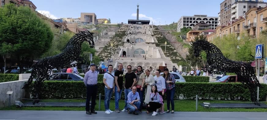 TRIP TO ARMENIA, MAY 2019. Tags: from left to right: Aleksander Ushakov, Erik from China, Hakan from Sweden, (a spanish traveller), Dina from Slovakia, Maha Ayub from Sudan, Maria (from USA) Maria Ushakova (tour organiser), kneeled: Mourad (Algerian residing in Luxenburg) and Sarah from the UK. 