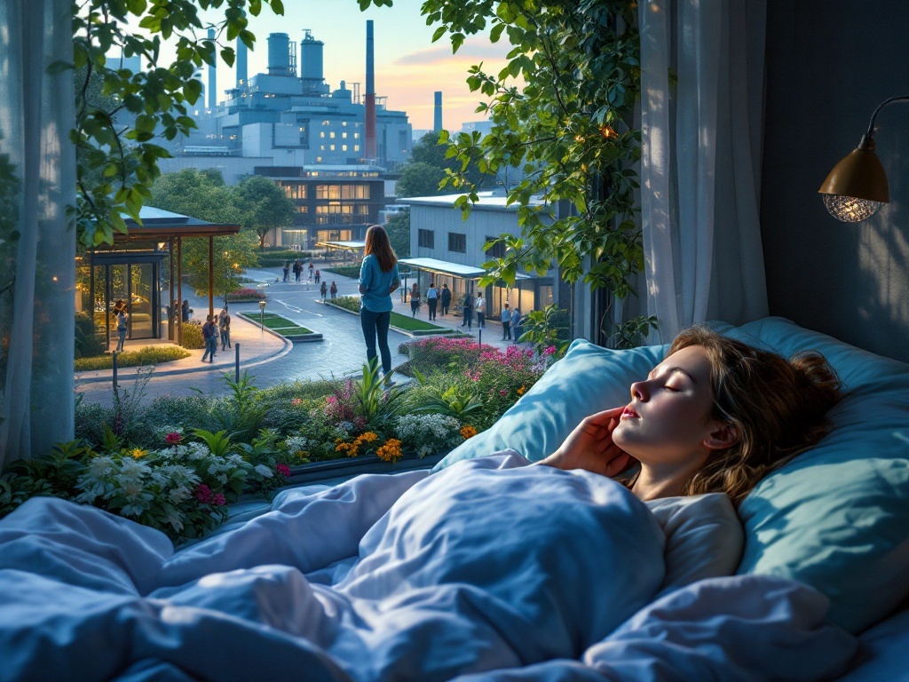   К чему такое снится: На картине изображен обновленный завод с зелеными растениями и много света. Женщина стоит у входа и смотрит на перестроенные улицы, где видны благоустроенные газоны