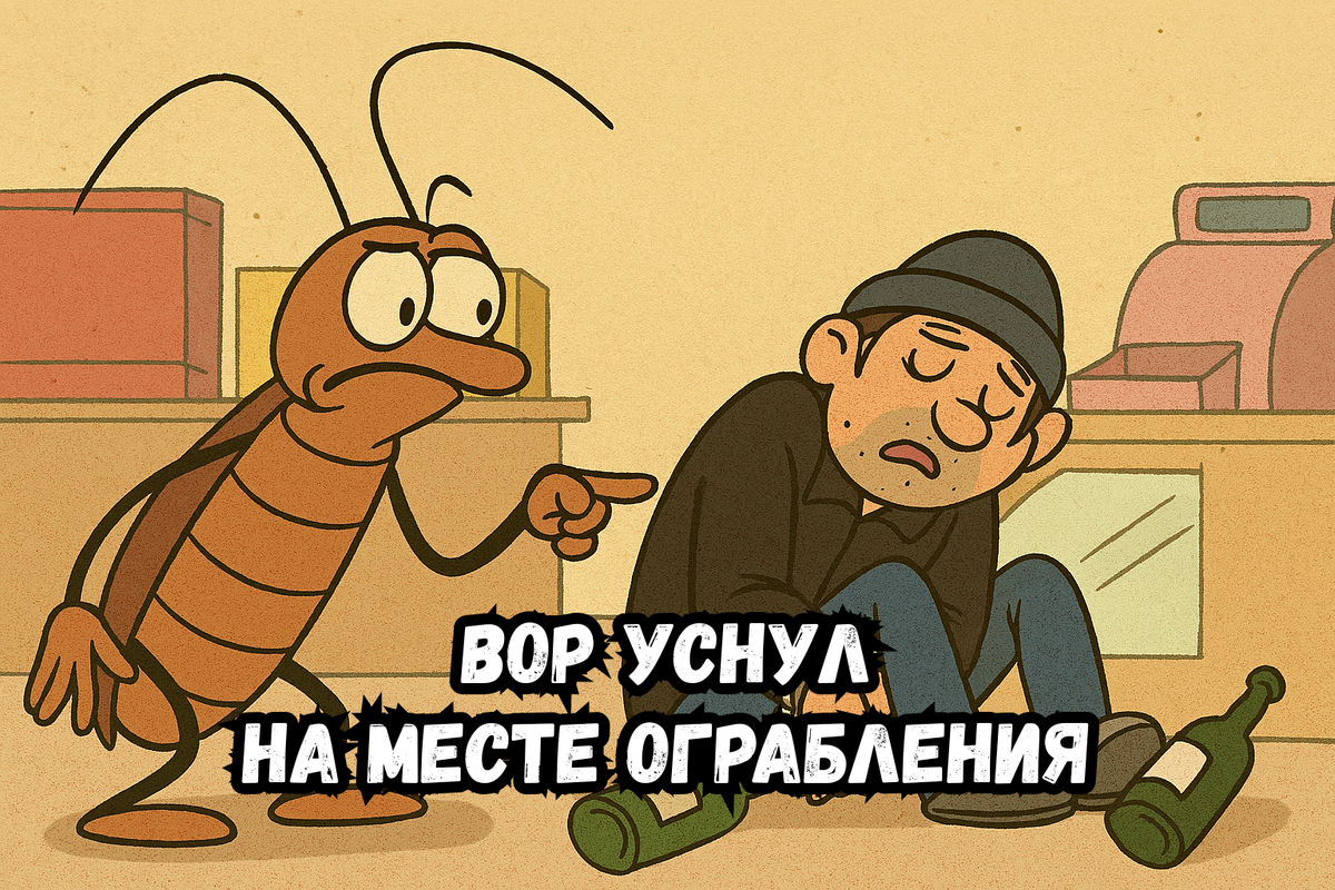 Тараканоид наблюдает за спящим вором в наручниках, прямо на месте ограбления.