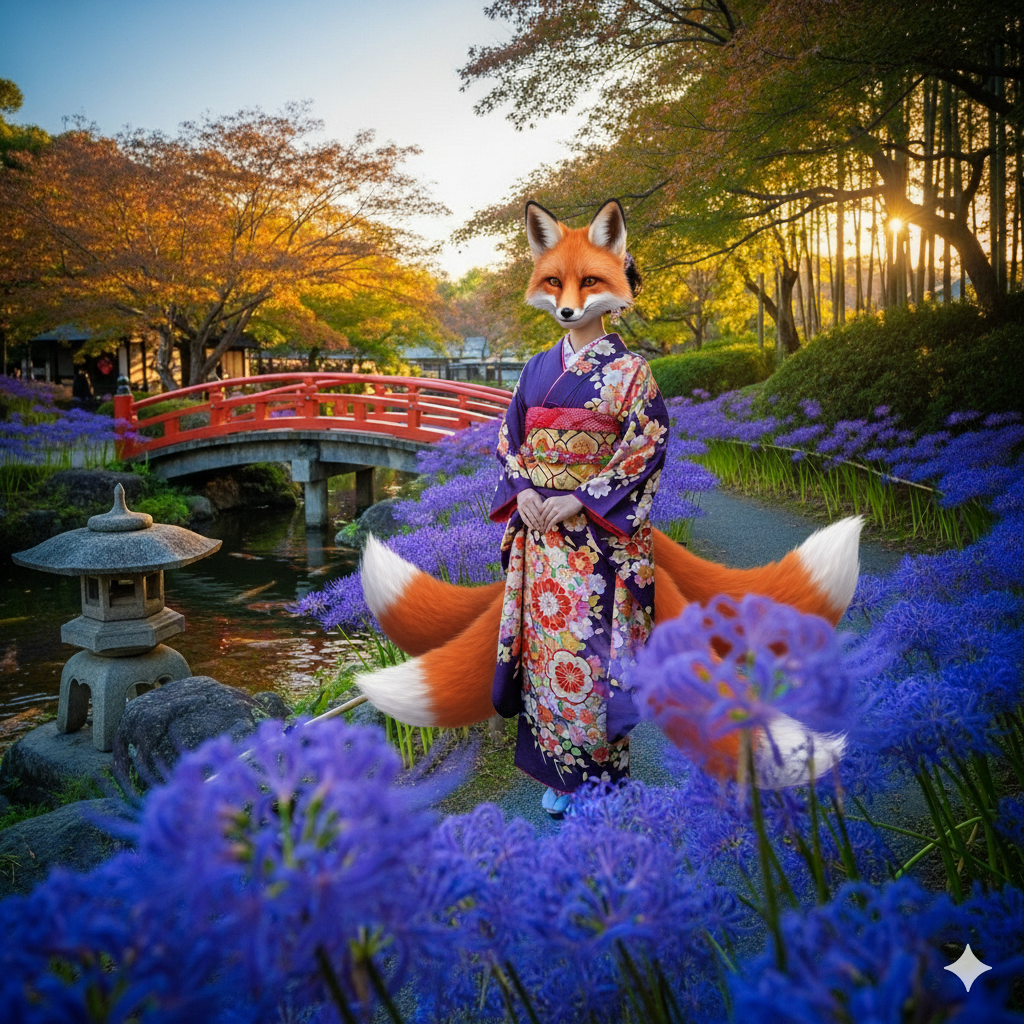 Кицунэ среди синей хиганбаны или ликориса. Изображение создано Gemini AI
