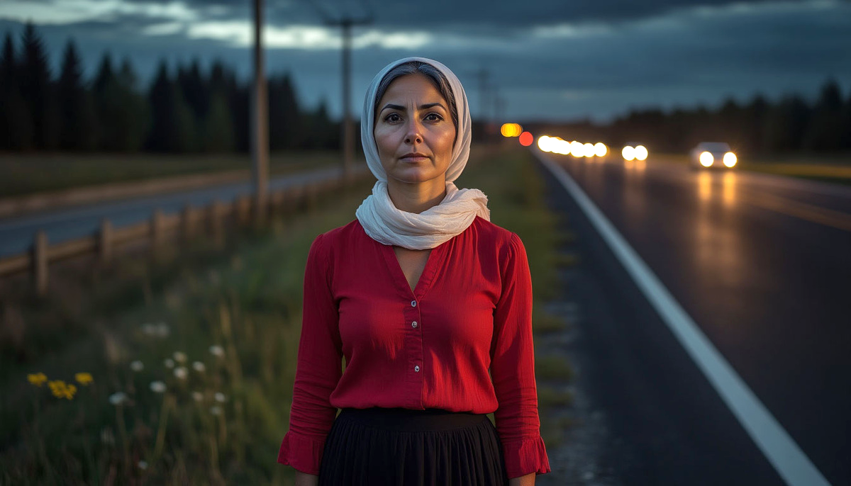 Таинственная пассажирка в белом платке и красной рубашке.