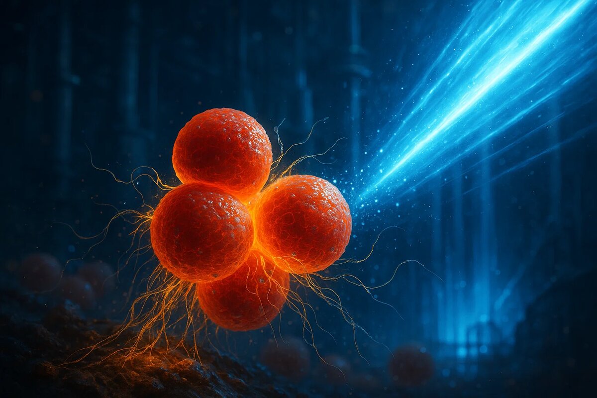 Крупный план колонии гриба Cryptococcus neoformans в сердце ядерного реактора. Смертельное голубое излучение Черенкова пронзает темноту, но угольно-чёрные клетки гриба не гибнут — они поглощают его, превращая в золотистое сияние жизни.