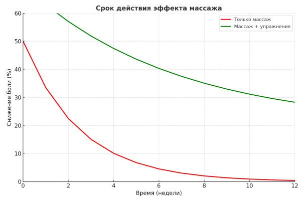 🔴 Только массаж — быстрый спад эффекта, через 4–6 недель почти ноль.

🟢 Массаж + упражнения — эффект держится дольше и становится устойчивым.