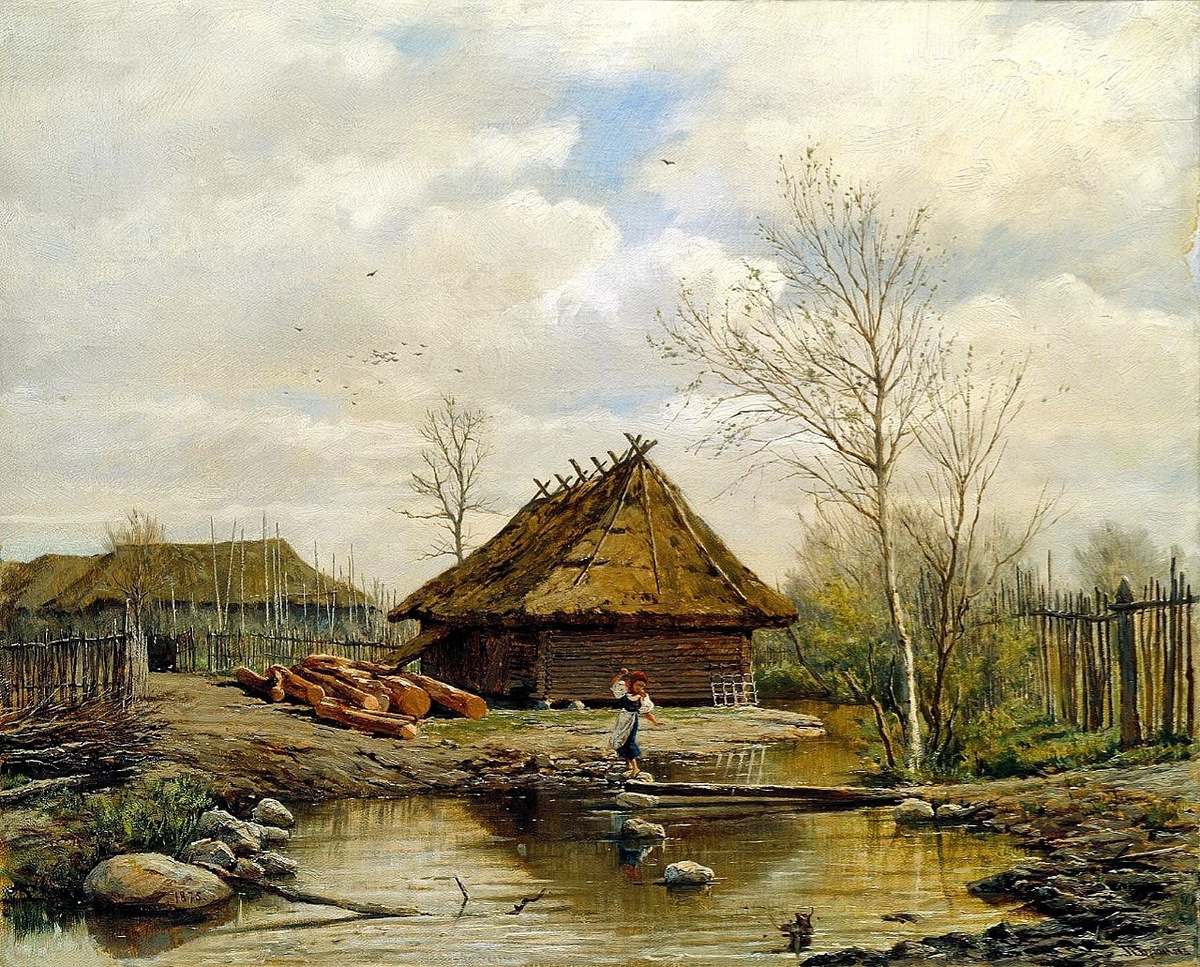 Весна. 1875 Холст, масло. 56 x 67 смГосударственная Третьяковская галерея, Москва. Земля едва высвободилась из–под первых проталин снега и начинает дышать свободно, чистым, прохладным воздухом. На деревьях появляется первая зелень, отражение в водоеме, окруженном большими темными валунами и поленьями. еще зимнее, мутное. Цветовым и эмоциональным контрастом с землей выглядит безмятежно голубое небо с парящими белыми облаками – предвестниками обновления природы (Ист.: ГТГ).