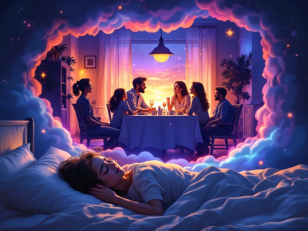    К чему такое снится: На картине изображён обеденный зал, где семья сидит за столом вместе с воскресшим отцом. Они живо беседуют, выражают радость и удивление. Обстановка тёплая и домашня