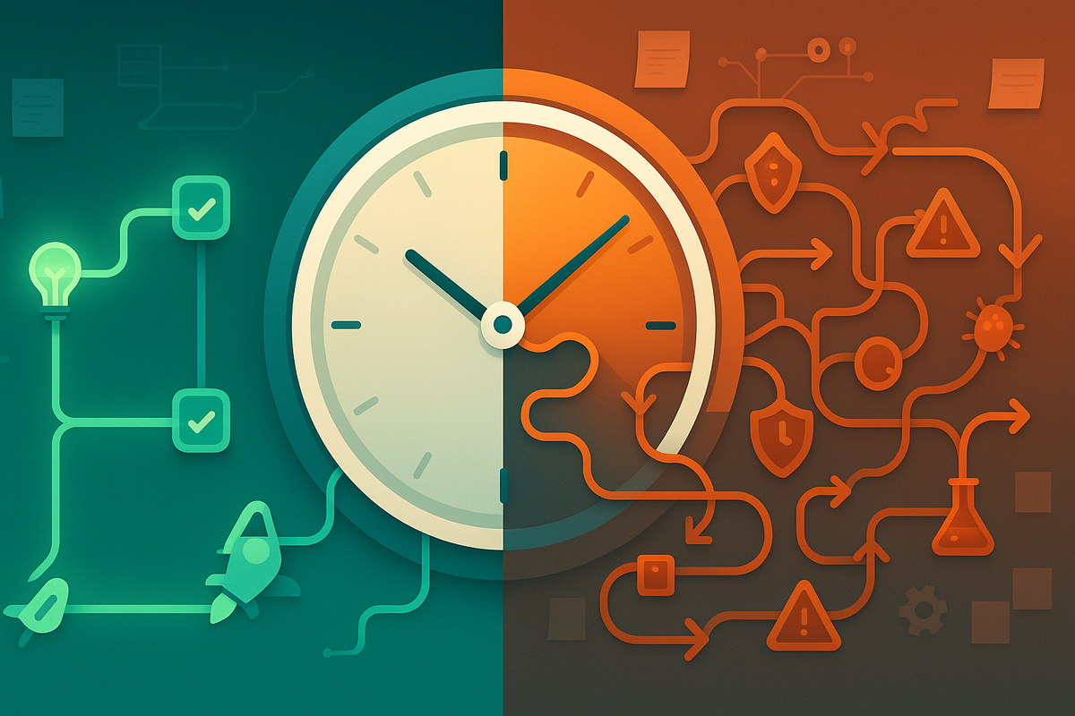 Краткое описание: визуальная метафора — слева гладкий «счастливый путь» разработки, справа запутанная ветка с замками, щитами и предупреждениями; центральные часы намекают, что основное время уходит на хардненинг и обработку ошибок.