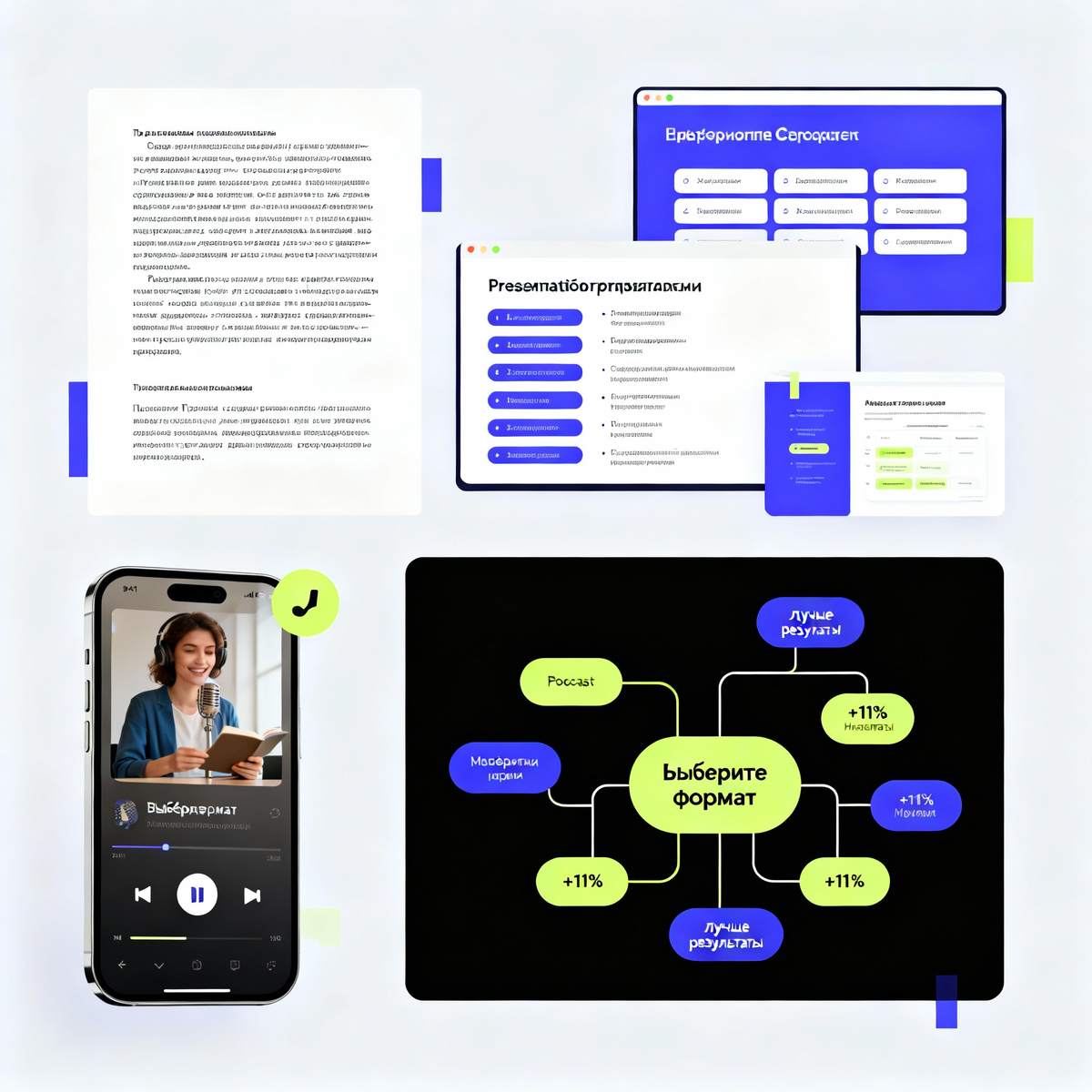 Сервис предлагает любой формат обучения: текст, презентации, подкасты или ментальные карты — результаты на 11% лучше