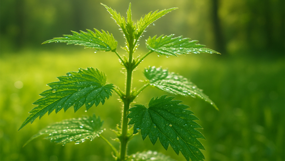 Крапива с росой на лесной поляне в утреннем солнечном свете.