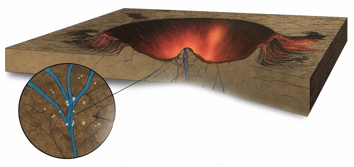    Ударный кратер Лаппаярви (Финляндия), в трещинах которого обнаружили химические «подписи» древних микроорганизмов. На увеличенном фрагменте (слева) синим отмечены области, где нашли признаки микробной жизни./ © Henrik Drake and Gordon Osinski