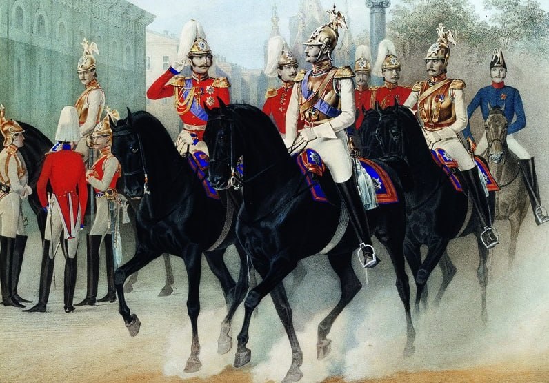 Николай I и цесаревич Александр Николаевич среди офицеров лейб-гвардии Конного полка. (худож. К. К. Пиратский)