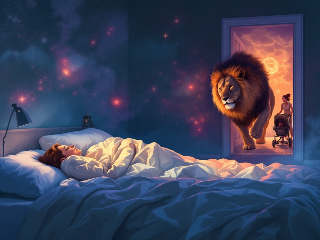    К чему такое снится: Женщина толкает ребенка в подвал, затем быстро забегает в подъезд. Справа виден лев, готовящийся к прыжку на женщину. В дверях подъезда застревает другая женщина с к