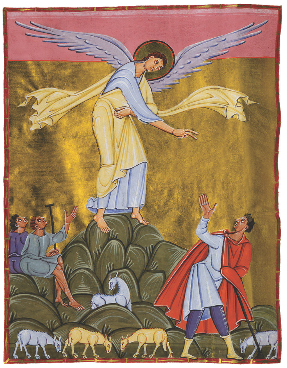 Когда желтый не золото
В средневековой традиции желтый и золотой цвета имели разное значение и визуальное воздействие. На примере иллюстрации Благовещения пастухам из рукописи аббатства Рейхенау, мы видим, как золото символизирует божественный свет, а желтый используется для изображения одежды ангела и шерсти овец. Таким образом, эти цвета не только различались по смыслу, но и по своему оттенку.
Перикосы императора Генриха II, Эбби Рейхенауская, начало XI века. Мюнхен, Bayerische Staatsbibliothek, Clm 4452, фолио 8 v °.