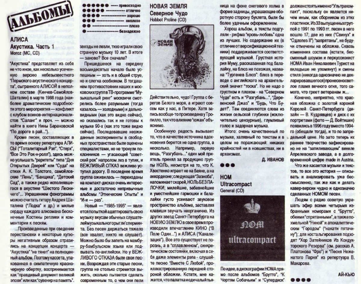 Фрагмент журнала FUZZ #4 (31) за апрель 1996 года. Интересно, что наш альбом идет в рейтинге сразу за Алисой и удивительно, что мы набрали с К. Кинчевым одинаковые баллы. Константин Стрелков, 2001, из личного архива.