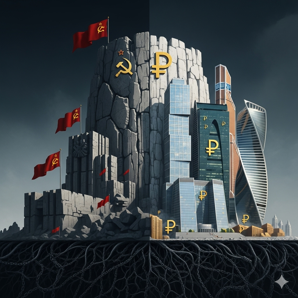 Иллюстрация "От серпа и молота до рубля, неизменная основа" создана сетью Джемини