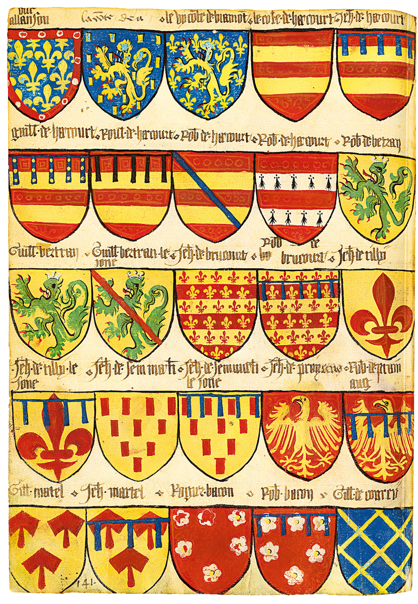 Частота желтого в гербах
Анализ обширной коллекции средневековых гербов (примерно 250 000 образцов с середины XII по конец XV века) позволяет выявить статистические закономерности в использовании цветов. Красный (gueules) доминировал на протяжении всего этого периода, за ним следовали белый (argent) и желтый (or). Синий (azur) и черный (sable) встречались значительно реже, а зеленый (sinople) – еще меньше. В Нормандии, как и в Англии, южной Франции и северной Испании, наиболее популярным сочетанием цветов на щитах было золото (or) и червлень (gueules).
Grand Armorial équestre de la Toison d 'or, ок. 1435-38. Paris, Bibliothèque de l'Arsenal, ms. 4790, folio 65 v °.