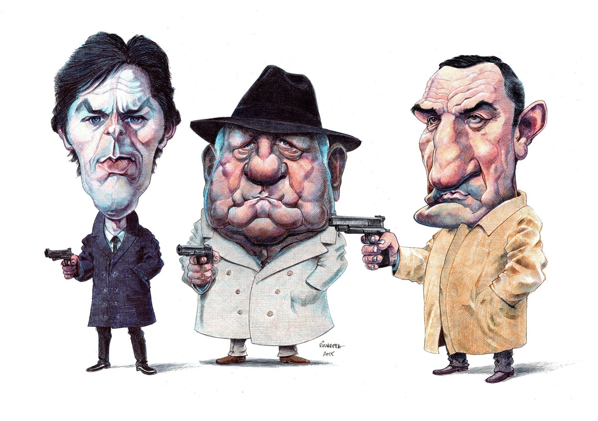 ШАРЖ ОТ ХУДОЖНИКА-КАРИКАТУРИСТА  КРИСТИАНА МЕРКАДЬЕ // Christian Mercadier  // АЛЕН ДЕЛОН, ЖАН ГАБЕН И ЛИНО ВЕНТУРА В ФИЛЬМЕ " СИЦИЛИЙСКИЙ КЛАН " 