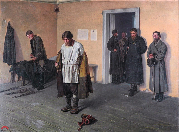 Коровин Сергей Алексеевич (1858–1908). «Перед поркой в волостном правлении», 1884 г. Фото из открытого доступа