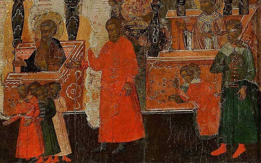 Изображение семьи Строгановых на иконе "Иже херувимы". Справа с рукой на груди изображён Никита Григорьеви Строганов, вкладчик иконы. Посередине стоит Семён Аникеевич перед Симеоном Столпником