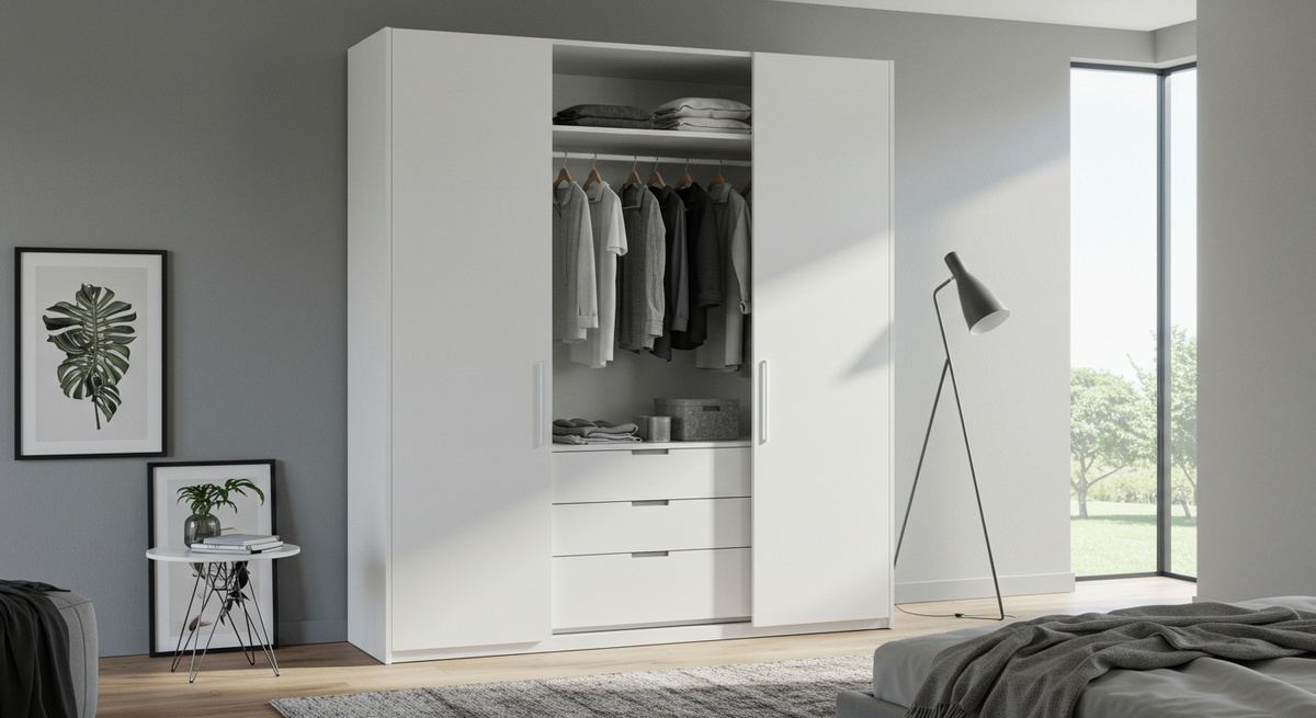 Современный распашной шкаф с ящиками в гостиную