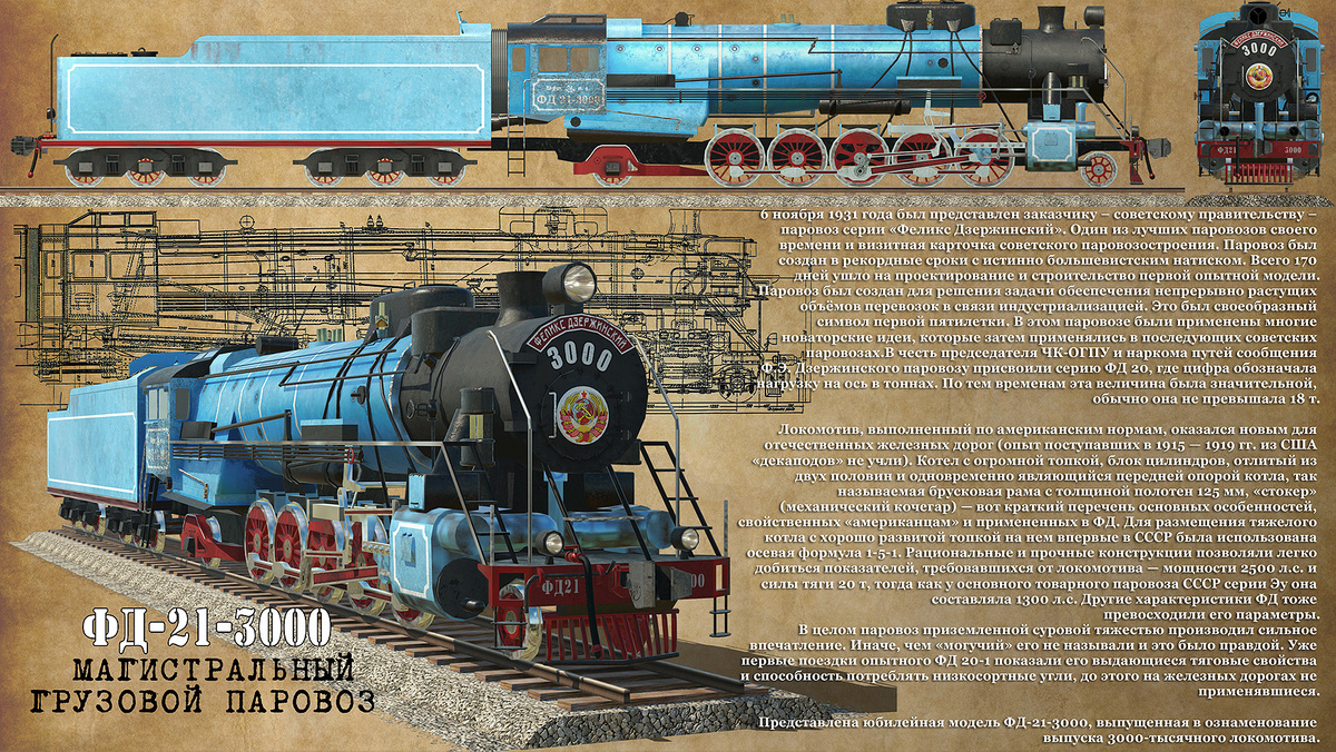 Текст на картинке: «6 ноября 1931 года был представлен заказчику — советскому правительству — паровоз серии «Феликс Дзержинский». Один из лучших паровозов своего времени и визитная карточка советского паровозостроения. … В честь председателя ЧК-ОГПУ и наркома путей сообщения Ф.Э. Дзержинского паровозу присвоили серию ФД20, где цифра обозначала нагрузку на ось в тоннах. По тем временам эта величина была значительной, обычно она не превышала 18 т…»  (содержательный весь текст на этой картинке). 