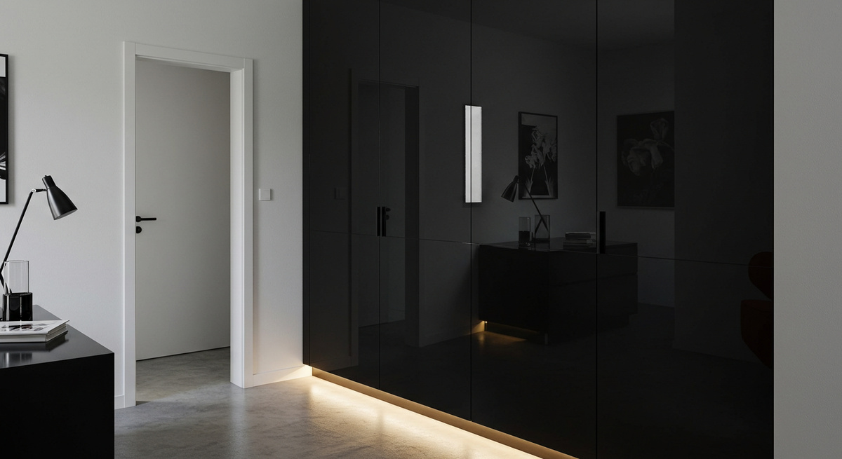 Встроенный распашной шкаф с чёрными глянцевыми фасадами и подсветкой