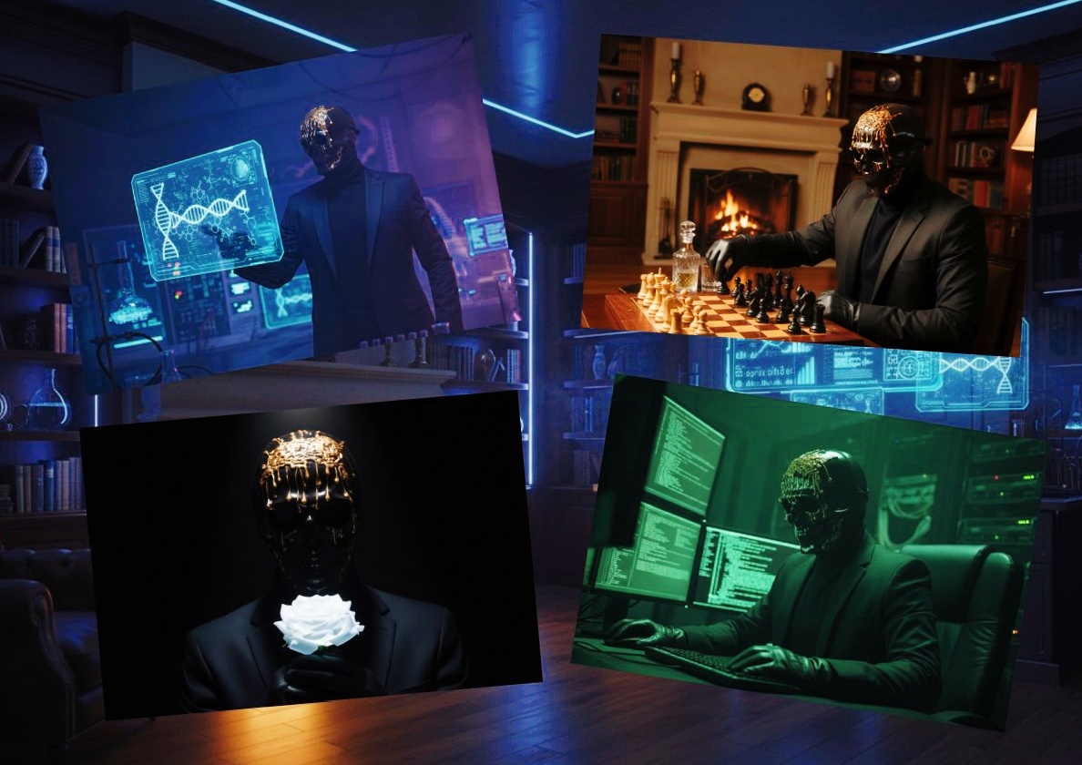 Визуализация, созданная автором. Четыре кадра — четыре разные личности. Ученый, продающий "тайные знания". Стратег, продающий "успех". Спаситель, торгующий "надеждой". И Наставник, предлагающий "безопасность". Это — визуальное досье на самый успешный культ в Рунете.